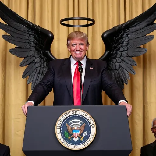 Prompt: donald trump with black angel wings and red halo smiling standing at a podium
