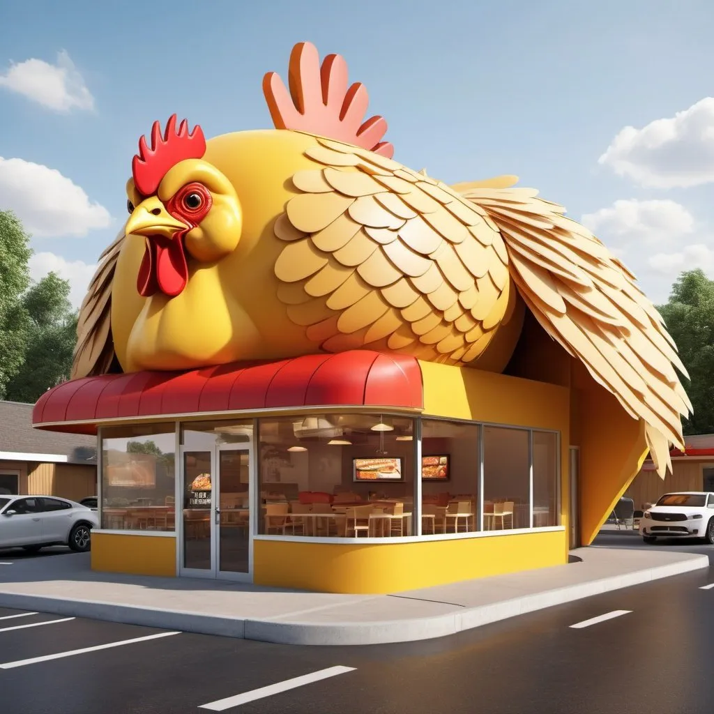 Prompt: Giant chicken-themed fast food restaurant that looks like an enormous chicken, 3D rendering, large chicken wing shaped awning roof over the drive through window on one side of building., feathers covering the building, detailed feathers, 3D rendering