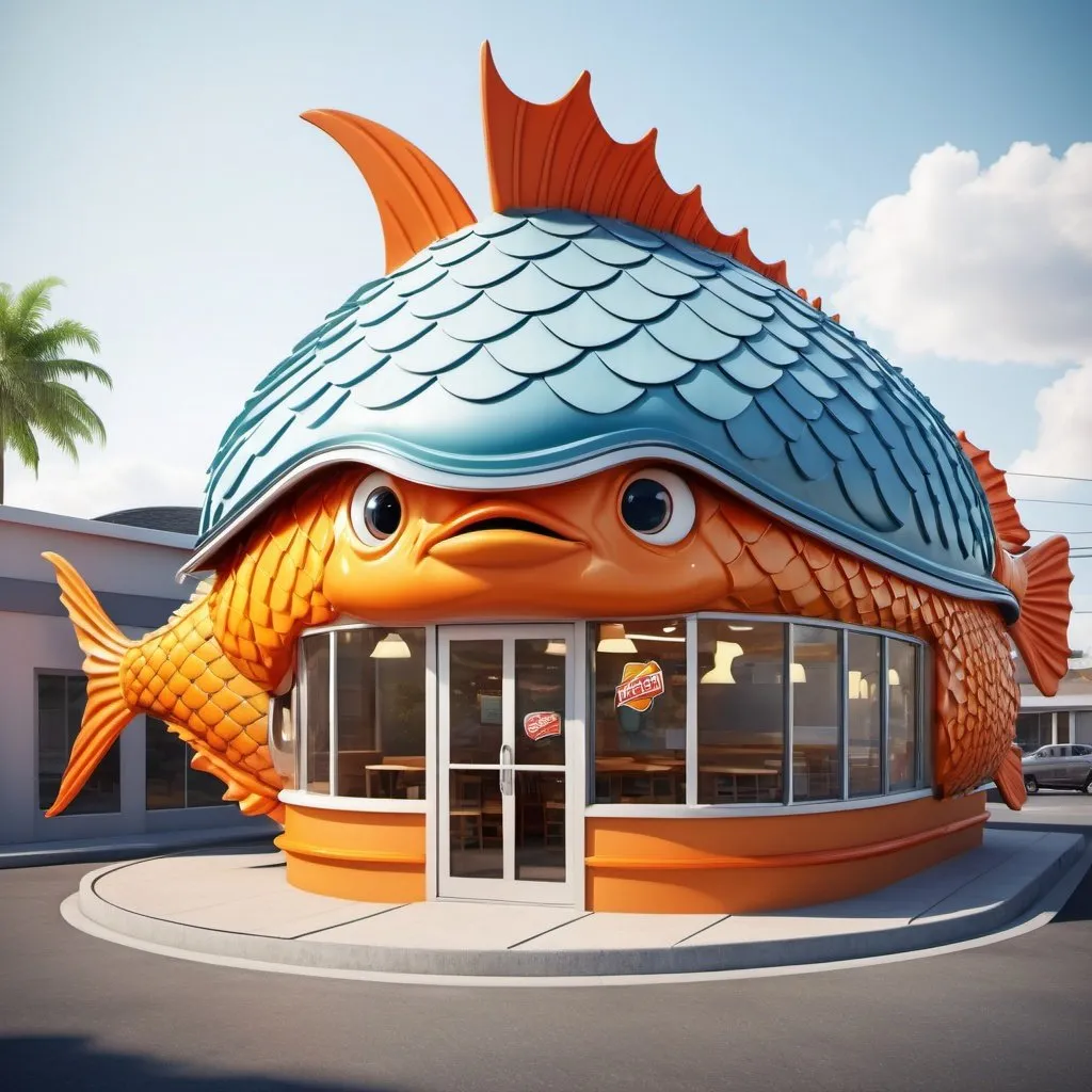 Prompt: Giant fish-themed fast food restaurant that looks like an enormous fish, 3D rendering, large fish fin shaped awning roof over the drive through window on one side of building., scales covering the building, detailed fins, 3D rendering