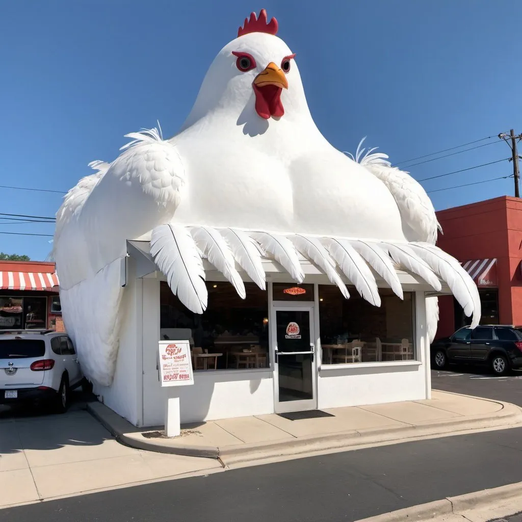 Prompt: a drive through restaurant that looks like a giant white chick. chicken wing sticking out to the side acts as the awning/roof over the drive through window. white feathers all over the building.