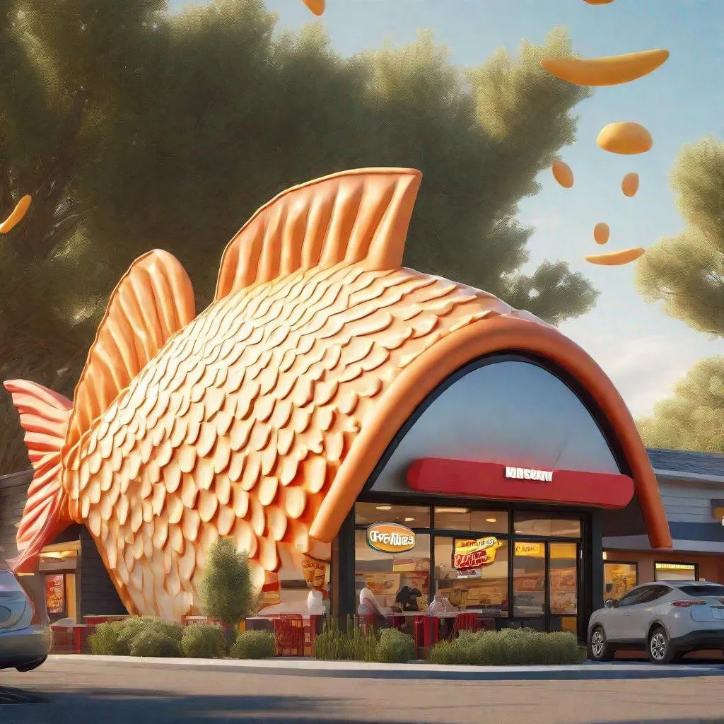 Prompt: drive through fast food restaurant where the whole building looks like a single giant fish. large fin shaped awning roofs over the drive through windows on each side of giant fish building. large fish scale siding all over, and large dorsal fin on top of fish shaped restaurant that is a sign that says fish