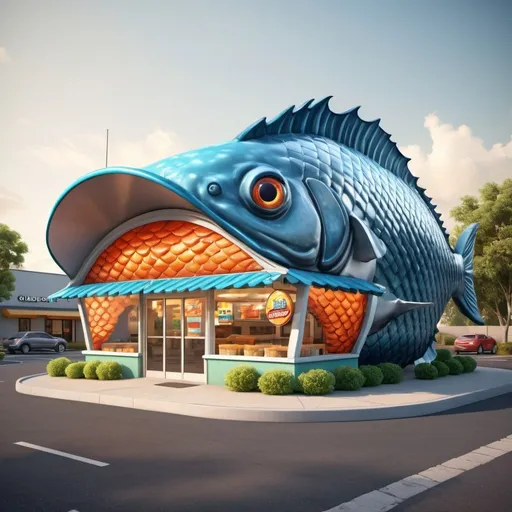 Prompt: Giant fish-themed fast food restaurant that looks like an enormous grouper fish, 3D rendering, large fish fin shaped awning roof over the drive through window on one side of building., scales covering the building, detailed dorsal fin on top, 3D rendering