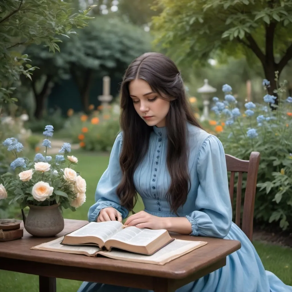 Prompt: A table in a beautiful garden with flowers. A young lady with dark long hair wearing a long vintage sky blue dress with high neckline and long sleeves is sitting at the table and reading the Bible. The hands should be beautiful and normal. 