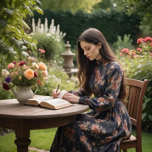 Prompt: A table in a beautiful garden with flowers. A young lady with dark long hair wearing a long vintage floral dress with high neckline and long sleeves is sitting at the table and reading the Bible.  