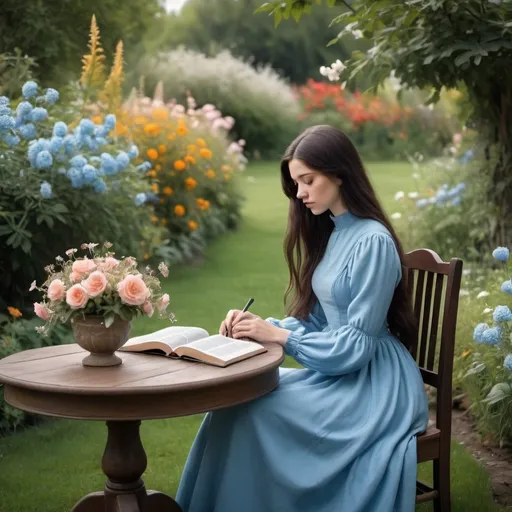 Prompt: A table in a beautiful garden with flowers. A young lady with dark long hair wearing a long vintage sky blue dress with high neckline and long sleeves is sitting at the table and reading the Bible. The hands should be beautiful and normal. 