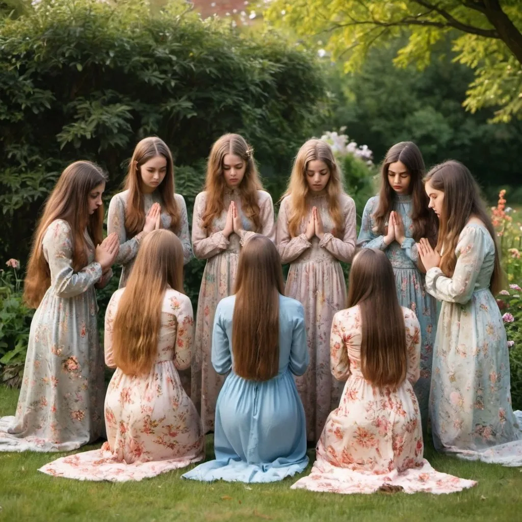 Prompt: Seven young ladies with long hair, wearing long vintage dresses with long sleeves and high neckline are praying kneeling in a beautiful garden. All are wearing different floral dresses. 
