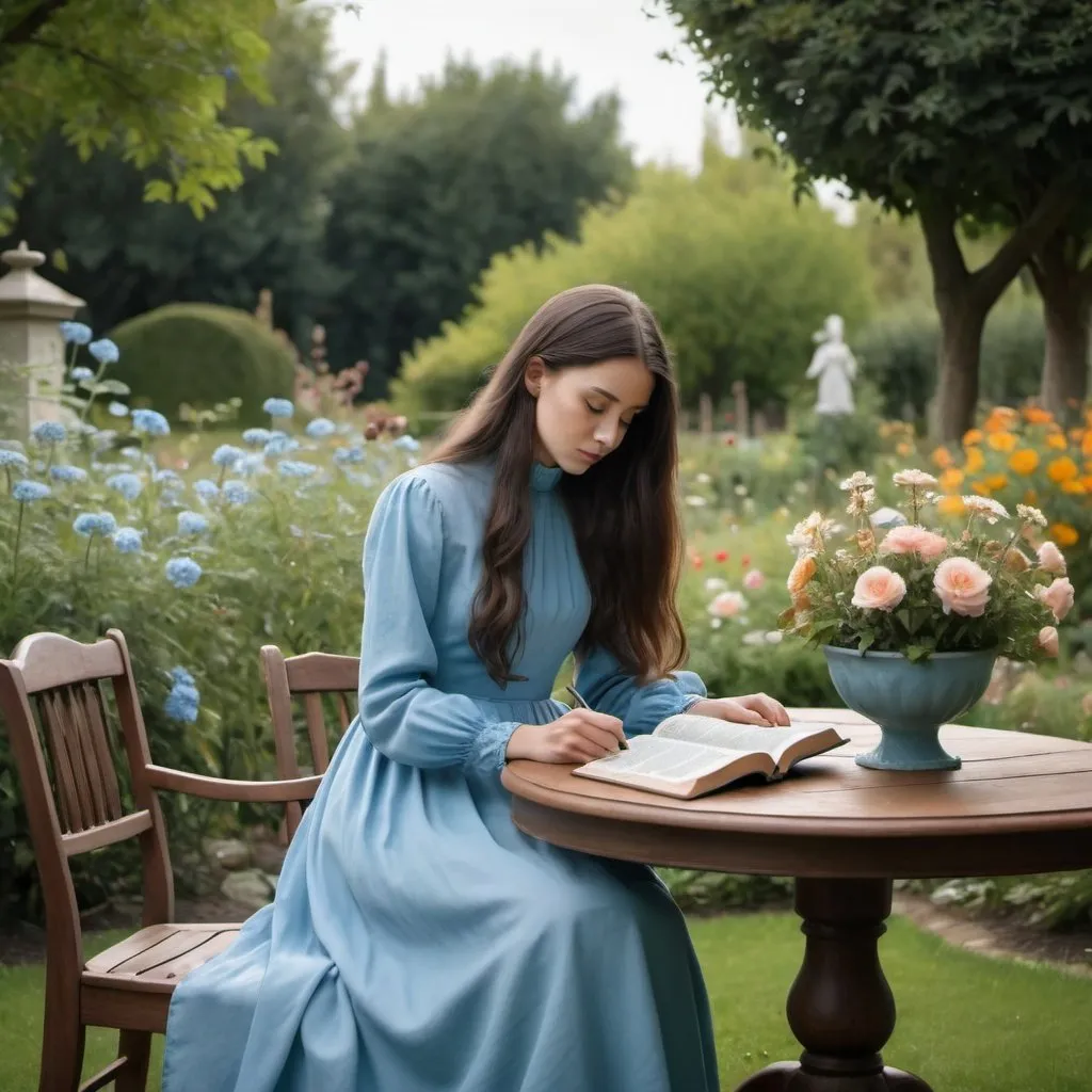 Prompt: A table in a beautiful garden with flowers. A young lady with dark long hair wearing a long vintage  sky blue dress with high neckline and long sleeves is sitting at the table and reading the Bible.  