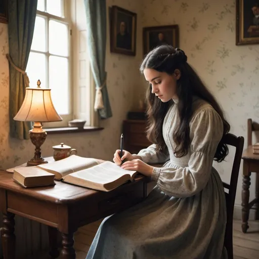 Prompt: An old fashioned cosy, bright room. There is a big Bible on the table. A young lady with long dark hair wearing a long vintage dress with high neckline and long sleeves is writing in the notebook. No pictures on the wall. 