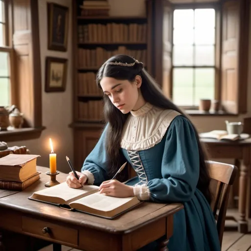 Prompt: An old fashioned cosy, bright room. There is a big Bible on the table. A young lady with long dark hair wearing a long vintage dress with high neckline and long sleeves is writing in the notebook. No pictures on the wall. 