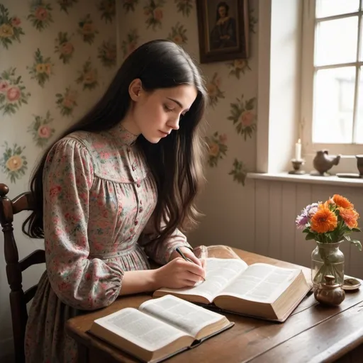 Prompt: An old fashioned cosy, bright room. There is a big Bible on the table. A young lady with long dark hair wearing a long vintage floral dress with high neckline and long sleeves is writing in the notebook. No pictures on the wall. 