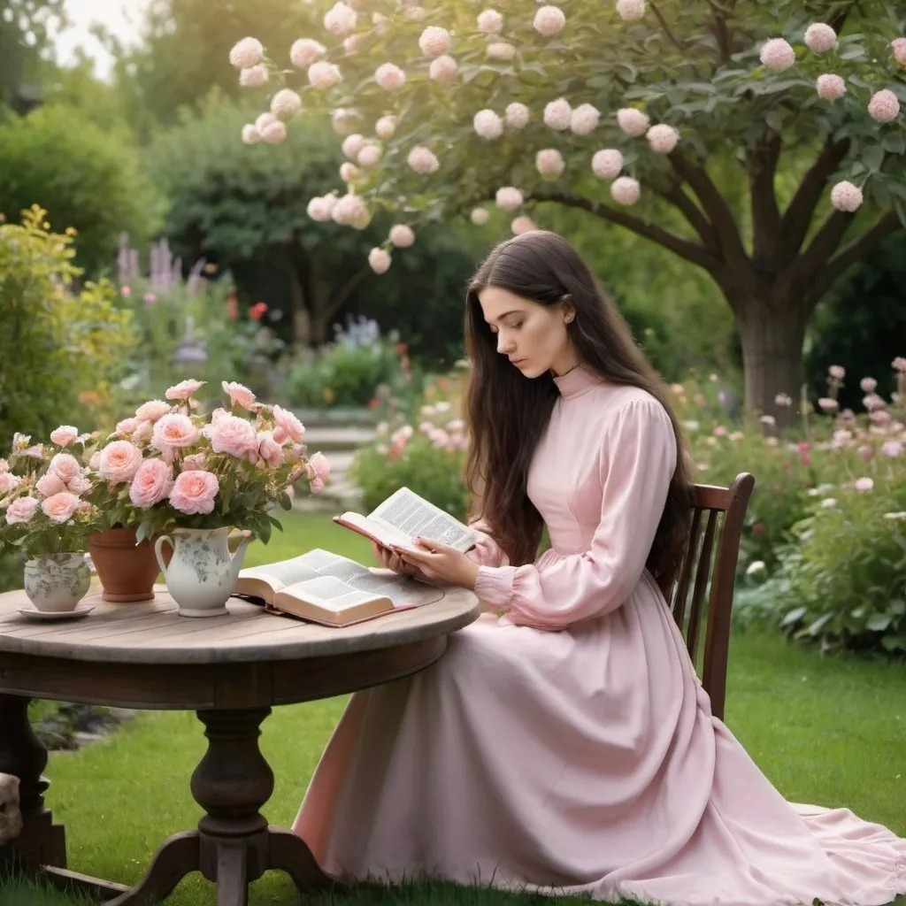 Prompt: A table in a beautiful garden with flowers. A young lady with dark long hair wearing a long vintage light pink dress with high neckline and long sleeves is sitting at the table and reading the Bible. The hands should be beautiful and normal. 