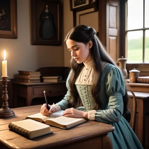 Prompt: An old fashioned cosy, bright room. There is a big Bible on the table. A young lady with long dark hair wearing a long vintage dress with high neckline and long sleeves is writing in the notebook. No pictures on the wall. 