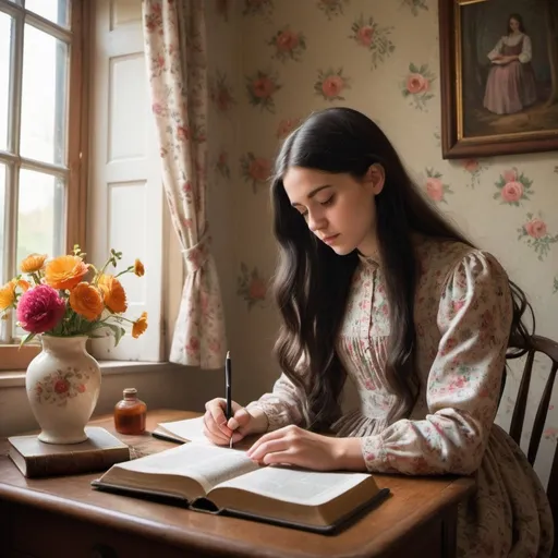 Prompt: An old fashioned cosy, bright room. There is a big Bible on the table. A young lady with long dark hair wearing a long vintage floral dress with high neckline and long sleeves is writing in the notebook. No pictures on the wall. 