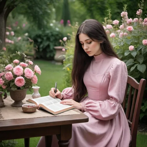 Prompt: A table in a beautiful garden with flowers. A young lady with dark long hair wearing a long vintage  pink dress with high neckline and long sleeves is sitting at the table and reading the Bible. The hands should be beautiful and normal. 