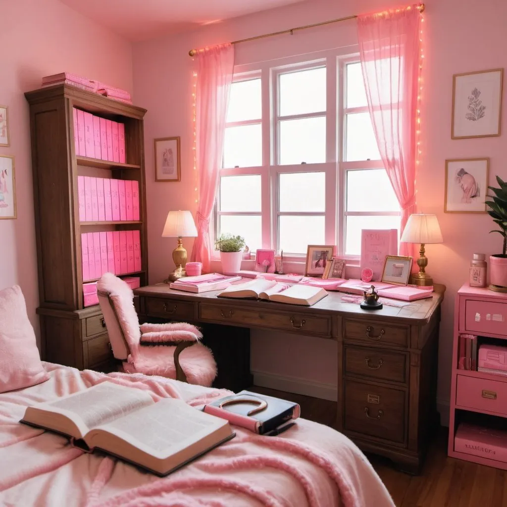 Prompt: A beautiful cozy room. A desk with big Bible on it. some pink washi tapes, pink notebook and pink highlighters on the desk. 
