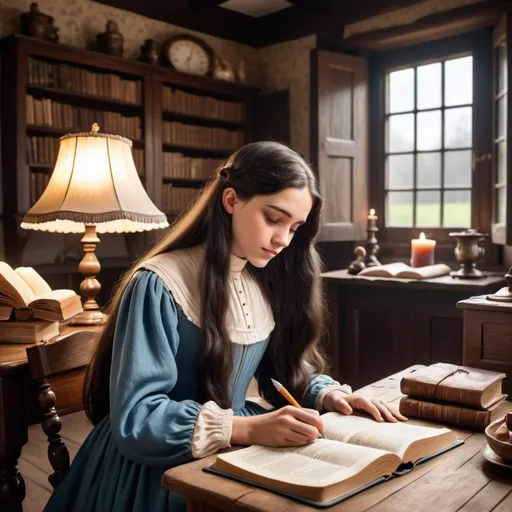 Prompt: An old fashioned cosy, bright room. There is a big Bible on the table. A young lady with long dark hair wearing a long vintage dress with high neckline and long sleeves is writing in the notebook. No pictures on the wall. 