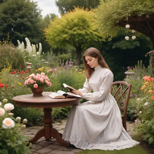 Prompt: A table in a beautiful garden with flowers. A young lady in long vintage dress with high neckline and long sleeves is sitting at the table and reading the Bible. 