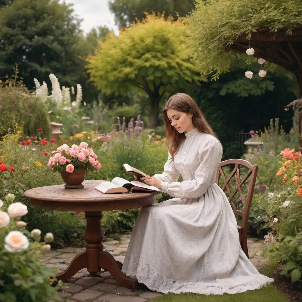 Prompt: A table in a beautiful garden with flowers. A young lady in long vintage dress with high neckline and long sleeves is sitting at the table and reading the Bible. 