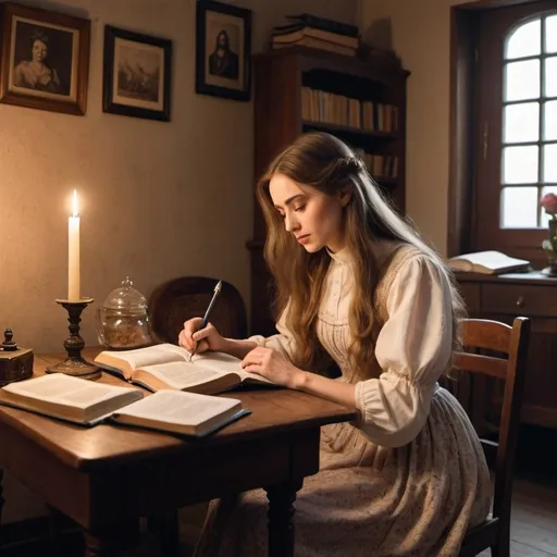 Prompt: A cozy, vintage room. A lady with long hair is sitting at a table and is reading the Bible. On the table there are notebooks, pens, pencils, Bible. She is wearing a vintage cute, long dress with high neckline.