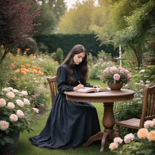 Prompt: A table in a beautiful garden with flowers. A young lady with dark long hair wearing a long vintage dress with high neckline and long sleeves is sitting at the table and reading the Bible. 