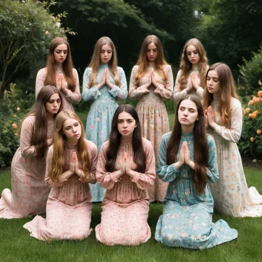 Prompt: Seven young ladies with long hair, wearing long vintage dresses with long sleeves and high neckline are praying kneeling in a beautiful garden. All are wearing different floral dresses. 