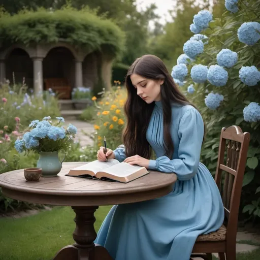 Prompt: A table in a beautiful garden with flowers. A young lady with dark long hair wearing a long vintage  sky blue dress with high neckline and long sleeves is sitting at the table and reading the Bible.  