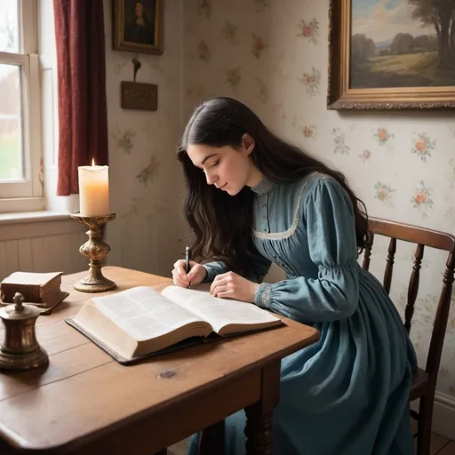 Prompt: An old fashioned cosy, bright room. There is a big Bible on the table. A young lady with long dark hair wearing a long vintage dress with high neckline and long sleeves is writing in the notebook. No pictures on the wall. 