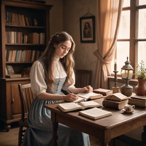 Prompt: A cozy, vintage room. A lady with long hair is sitting at a table and is reading the Bible. On the table there are notebooks, pens, pencils, Bible. She is wearing a vintage cute, long dress with high neckline.