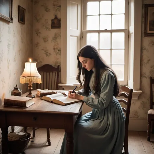 Prompt: An old fashioned cosy, bright room. There is a big Bible on the table. A young lady with long dark hair wearing a long vintage dress with high neckline and long sleeves is writing in the notebook. No pictures on the wall. 