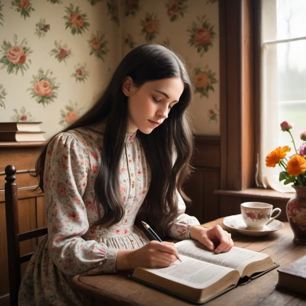 Prompt: An old fashioned cosy, bright room. There is a big Bible on the table. A young lady with long dark hair wearing a long vintage floral dress with high neckline and long sleeves is writing in the notebook. No pictures on the wall. 