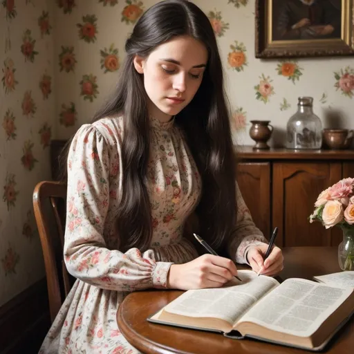 Prompt: An old fashioned cosy, bright room. There is a big Bible on the table. A young lady with long dark hair wearing a long vintage floral dress with high neckline and long sleeves is writing in the notebook. No pictures on the wall. 