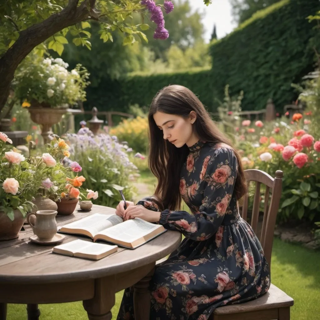 Prompt: A table in a beautiful garden with flowers. A young lady with dark long hair wearing a long vintage floral dress with high neckline and long sleeves is sitting at the table and reading the Bible.  