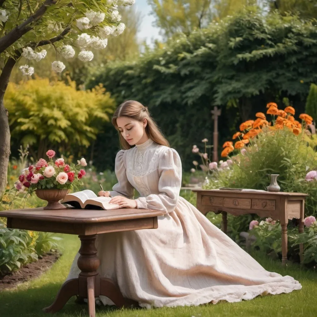 Prompt: A table in a beautiful garden with flowers. A young lady in long vintage dress with high neckline and long sleeves is sitting at the table and reading the Bible. 