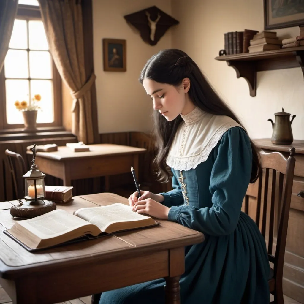 Prompt: An old fashioned cosy, bright room. There is a big Bible on the table. A young lady with long dark hair wearing a long vintage dress with high neckline and long sleeves is writing in the notebook. No pictures on the wall. 