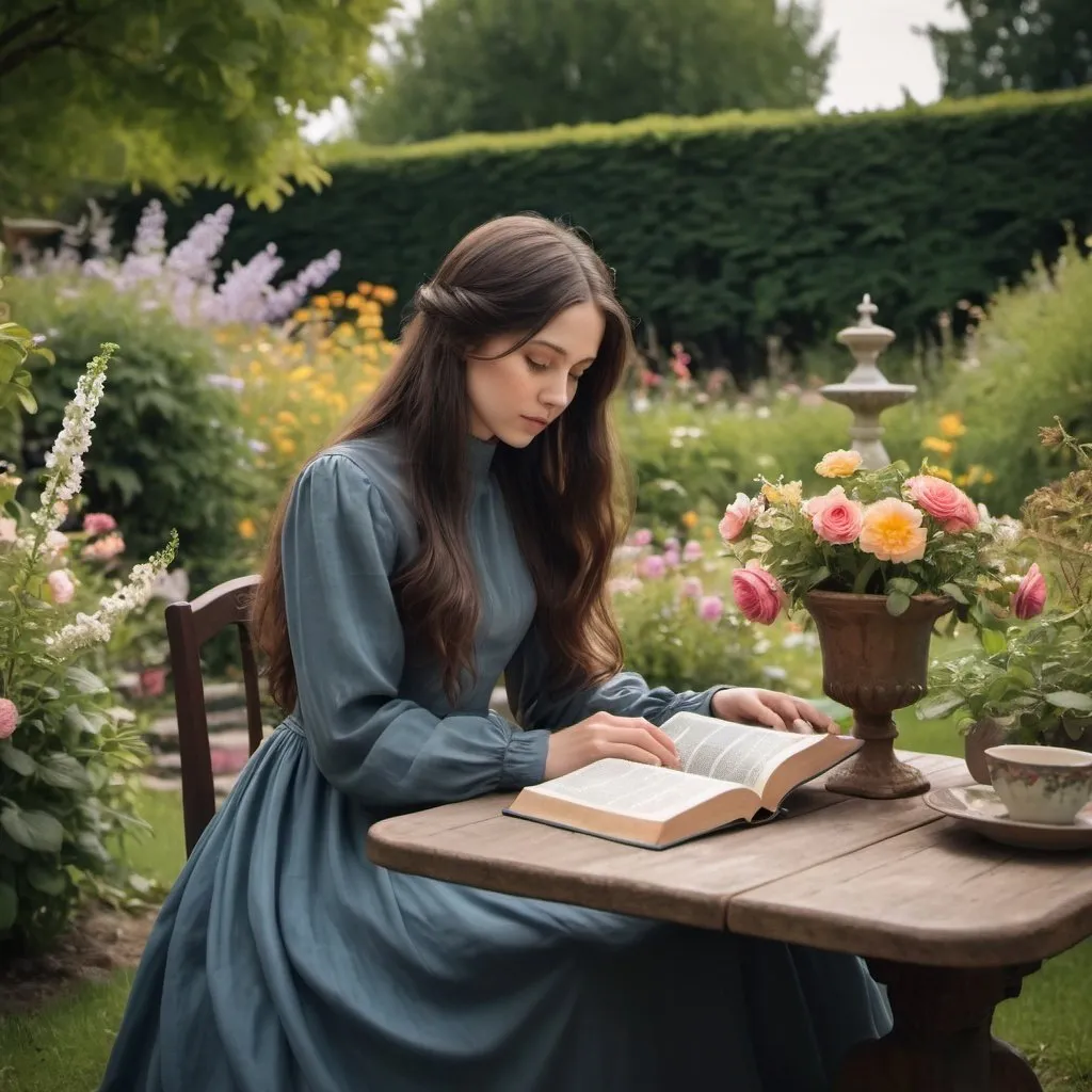 Prompt: A table in a beautiful garden with flowers. A young lady with dark long hair wearing a long vintage dress with high neckline and long sleeves is sitting at the table and reading the Bible. 