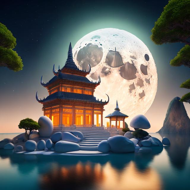 Prompt: Moon-shaped temple on an island, onyx and marble materials, tranquil sea surroundings, moonlit atmosphere, high quality, detailed, serene, moon-shaped, onyx and marble, tranquil, moonlit, detailed architecture, serene atmosphere, island, temple, moon, sea, night scene, peaceful, clear water, reflective surfaces