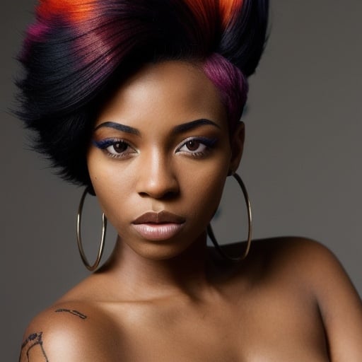 Prompt: hyperrealistic, fashion photography, sharp focus beautiful african american woman, late twenties with dyed hair