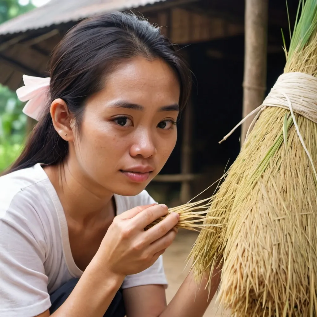 Prompt: young thai woman looking into a rice bundle realistic picture