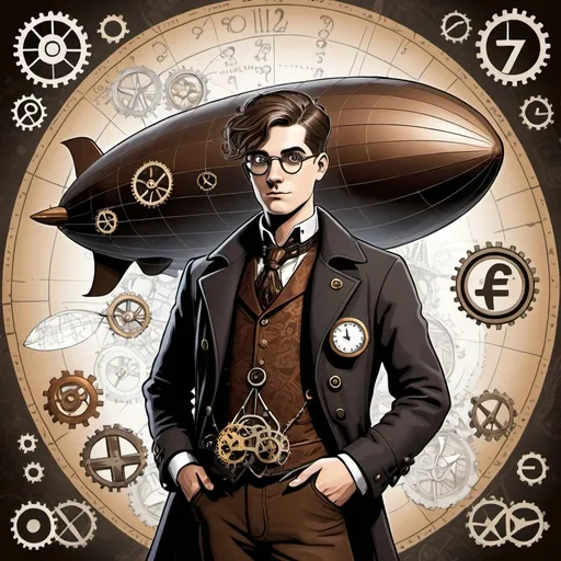 Prompt: steampunk math guy with zeppelin in background and math symbols graphic novel look
