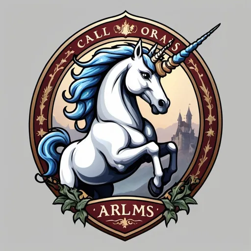 Prompt: Call to arms fantasy medieval world Unicorn logo