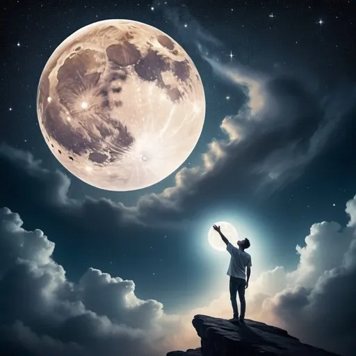 Prompt: (men) (young man) sending his spirit towards the moon, ethereal, dreamy atmosphere, starry night sky, moonlight illuminating, wispy clouds, surreal elements, soft glow, mystical aura, profound emotion, deep longing, vibrant colors, high contrast, ultra-detailed, enchanting scene, conveying a sense of freedom and transcendence.