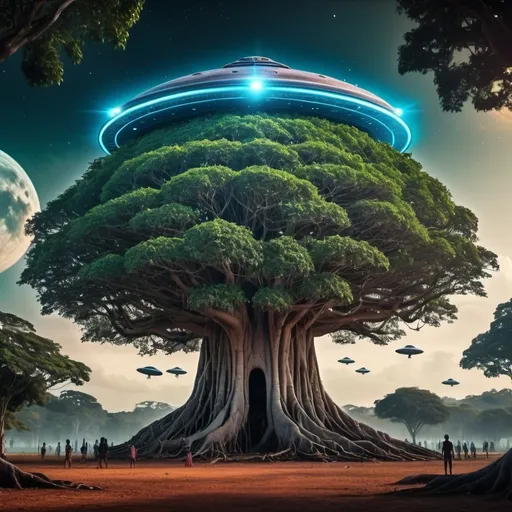 Prompt: A huge banyan tree with UFO hovering on top of it and small aliens roaming around and on the banyan tree, HD quality image and be it a digital art. make it look realistic and let's make it a night instead of day and let UFO hover a light on the banyan tree