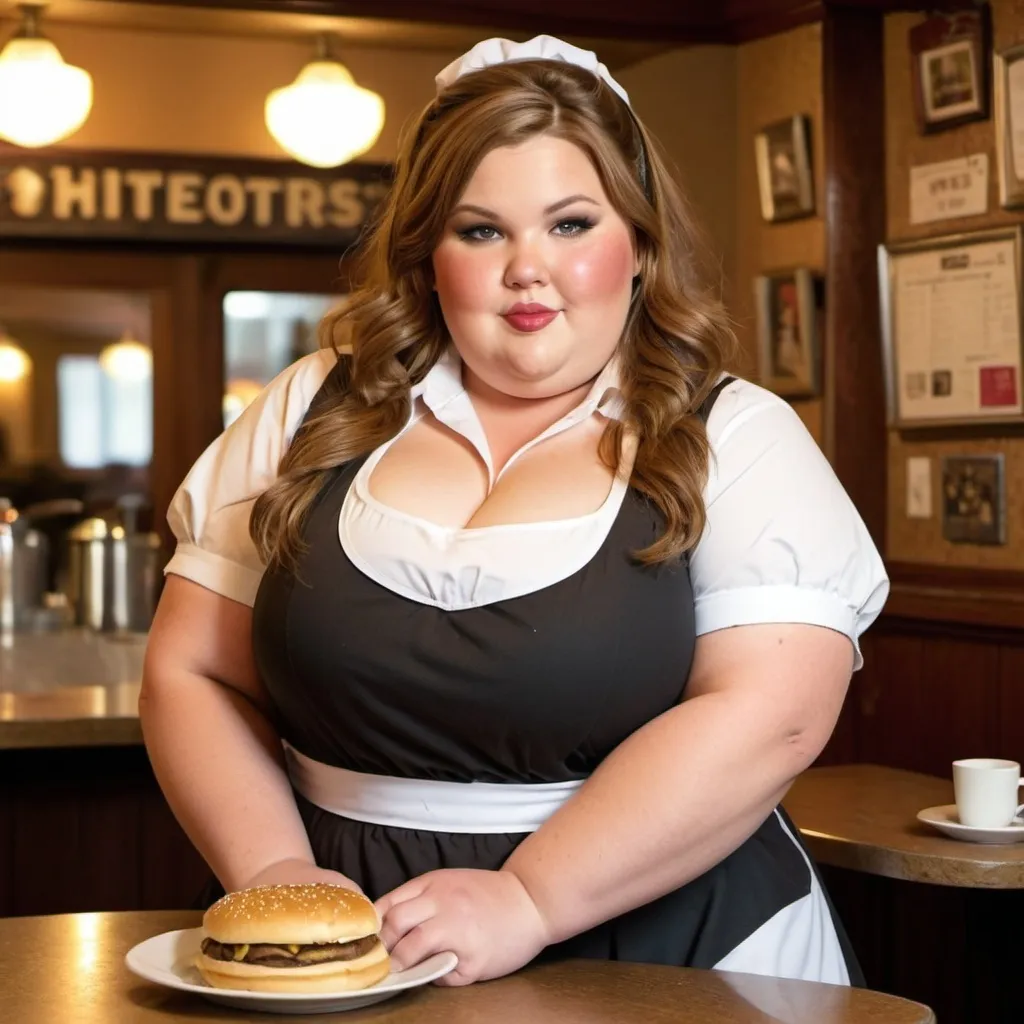 Prompt: fat bbw with light brown hair dressed like a hootiers waitress 