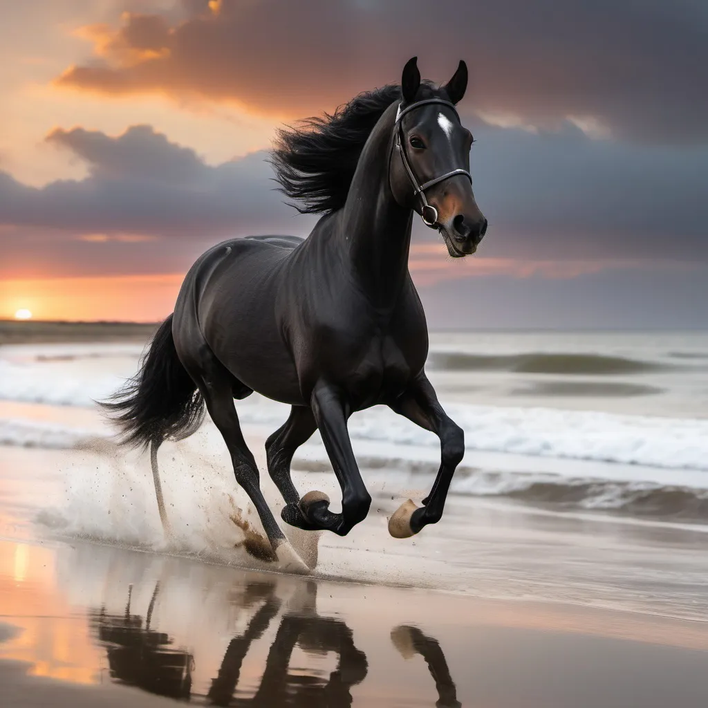 Prompt: a black new forest cross thoroughbred galloping along the beach towards the sunset