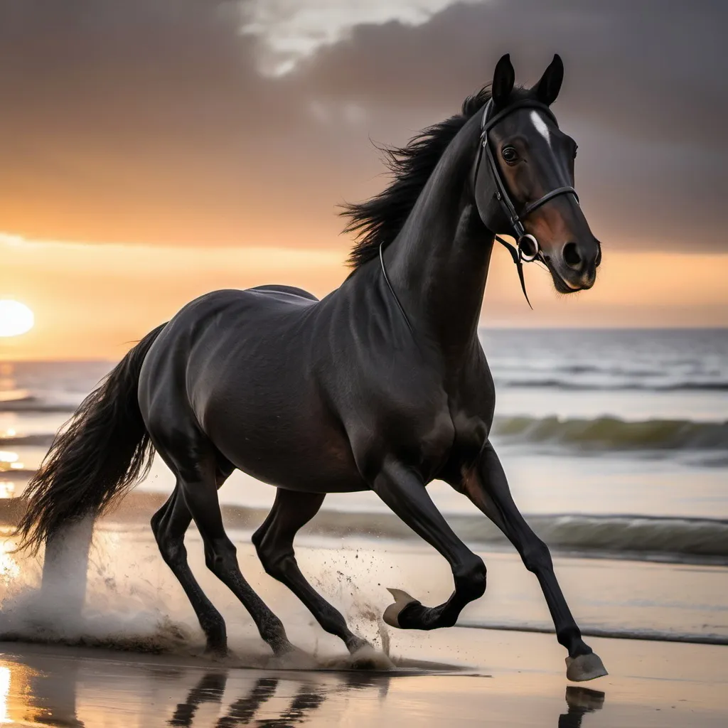 Prompt: a black new forest cross thoroughbred galloping along the beach towards the sunset