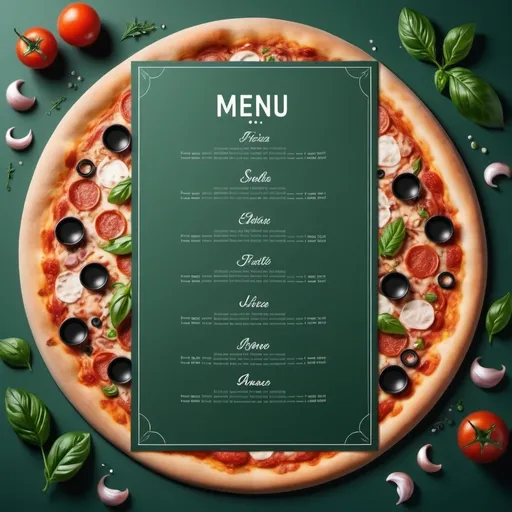 Prompt: Menu pizza senza immagine pizza in mezzo, sfondo verde acqua in modo da fare concentrare i clienti sulle pizze menù stlizzato