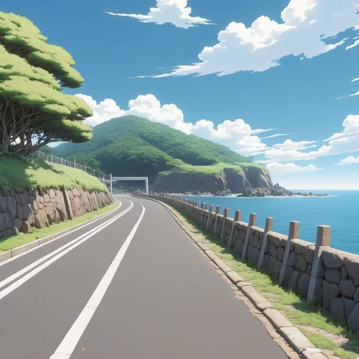 Prompt: Make an anime scene  beside the coastal roads