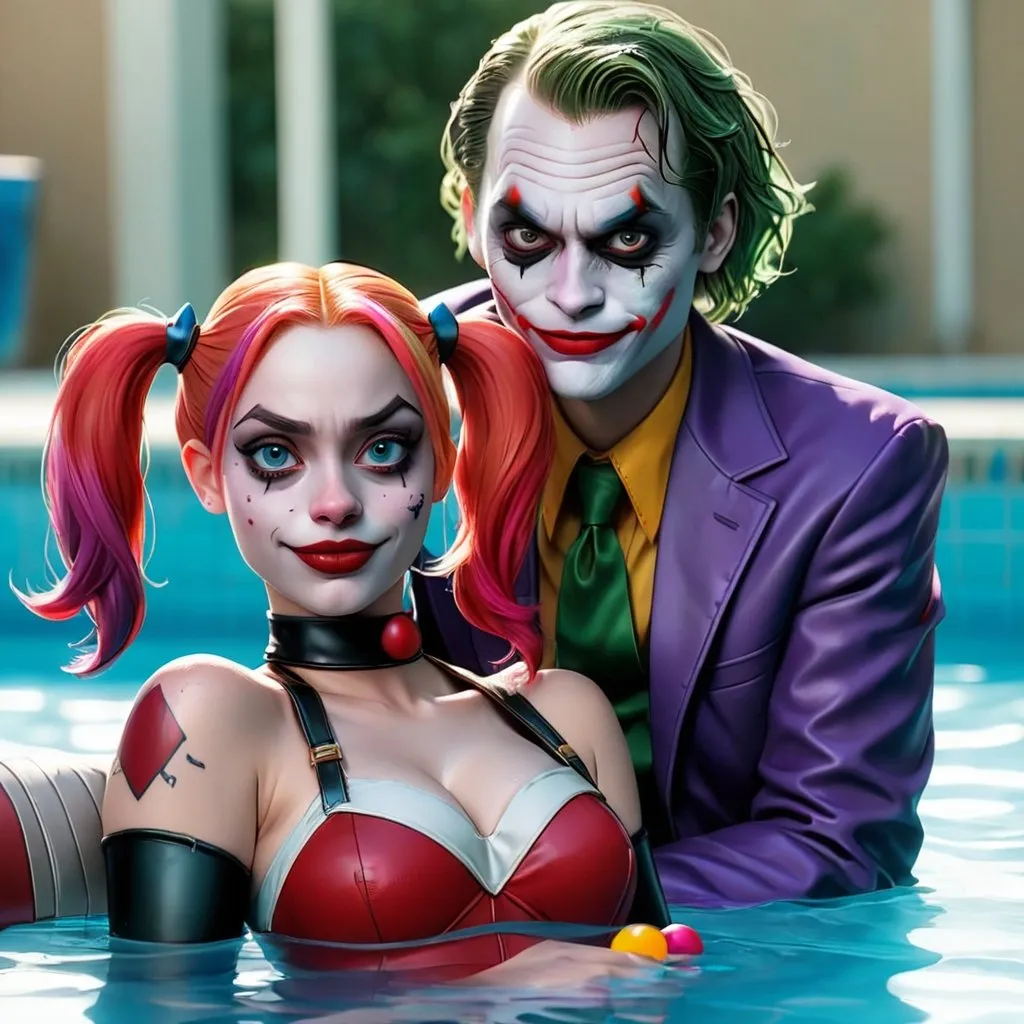 Prompt: Harley Quinn en una piscina con gente y el Joker