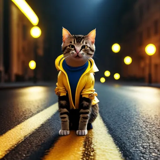 Prompt: A cat wearing a yellow raincoat standing in the middle of the road , blurry background,hd , realistic 