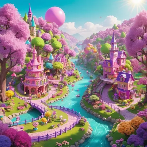 Prompt: Colorful toy land.  Everything Is brighter, bigger , and more colorful.  The trees are pink, the river is purple, the sun is lime green, the flowers are metallic. Everything looks magical.